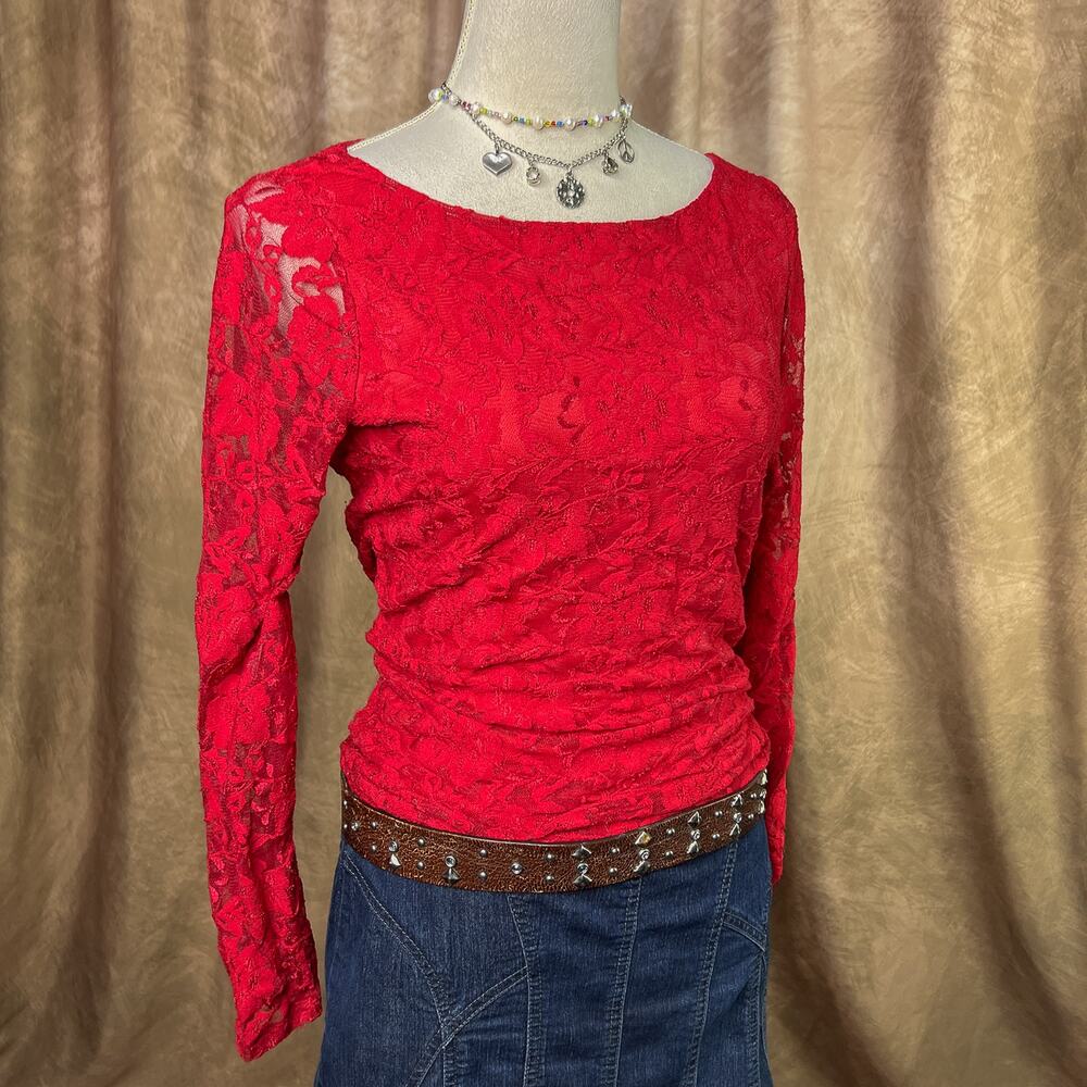 Vintage Y2K Lace Top Floral Sheer Red Long Sleeves Indie Sleaze Punk Rock Grunge
